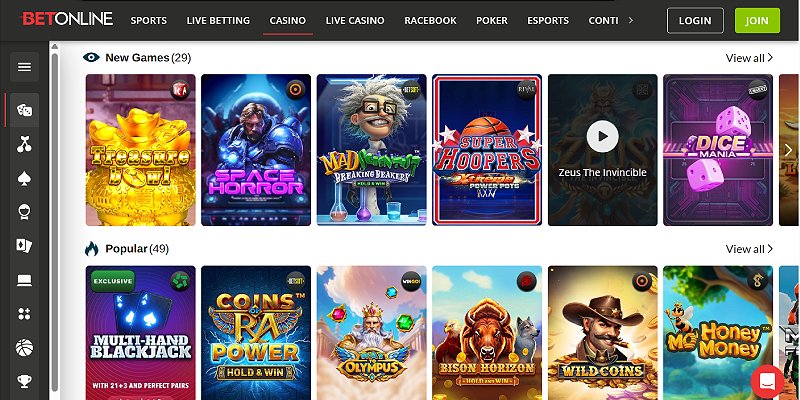 BetOnline casino platform screenshot
